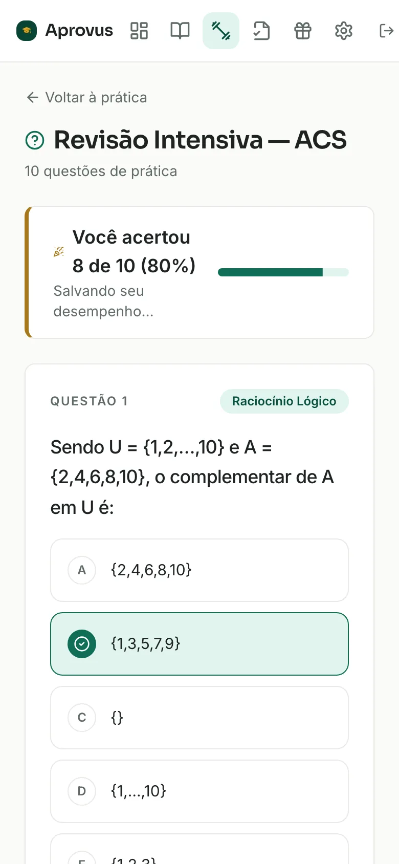 Questão de conhecimentos técnicos no Aprovus com a alternativa correta destacada em verde e um comentário explicando por que ela está certa.